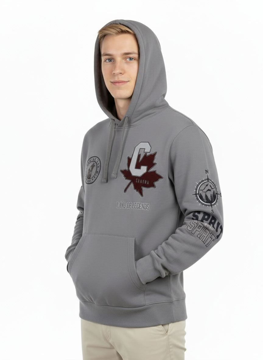 Men’s Grey Canada Printed Hoodie – Warm Winter Fleece Sweatshirt | Land of Legends Edition
