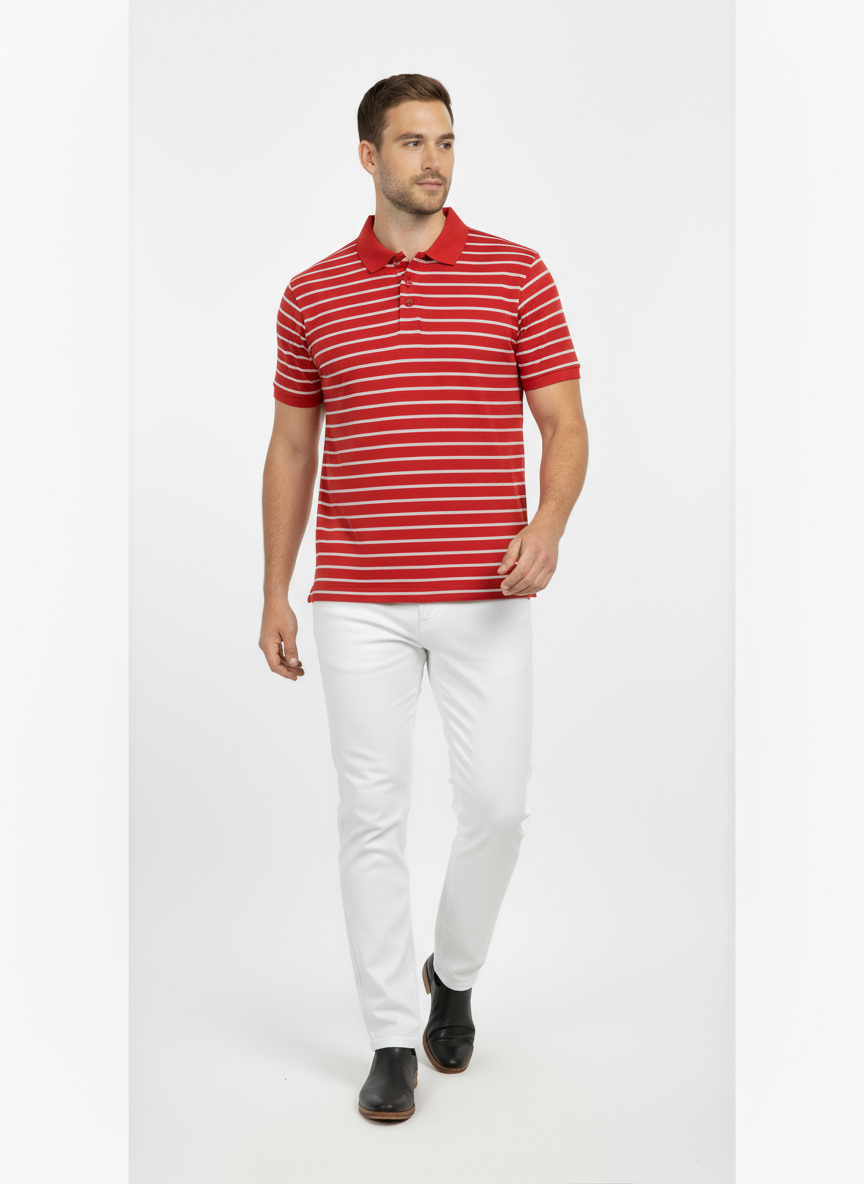 Men’s Red Striped Polo Shirt – Soft Cotton Blend | Stylish Summer Casual Wear