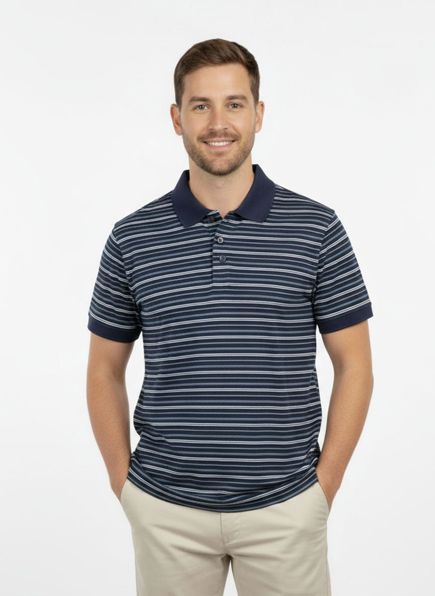 Men’s Navy Blue Striped Polo Shirt – Soft Cotton Blend | Classic Summer Casual Wear