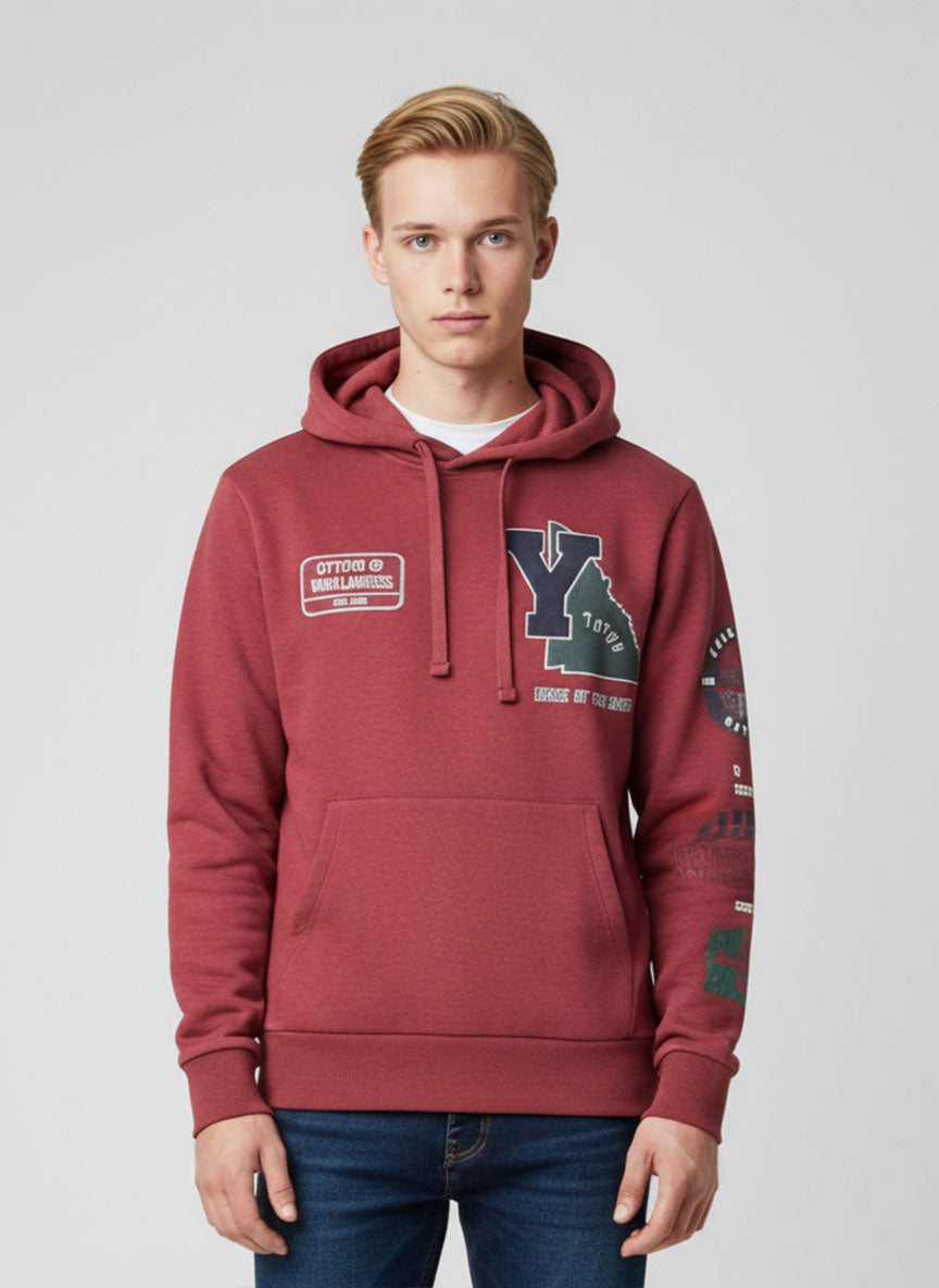 Men’s Maroon Printed Hoodie – Winter Fleece Sweatshirt | Stylish Casual Wear for Men