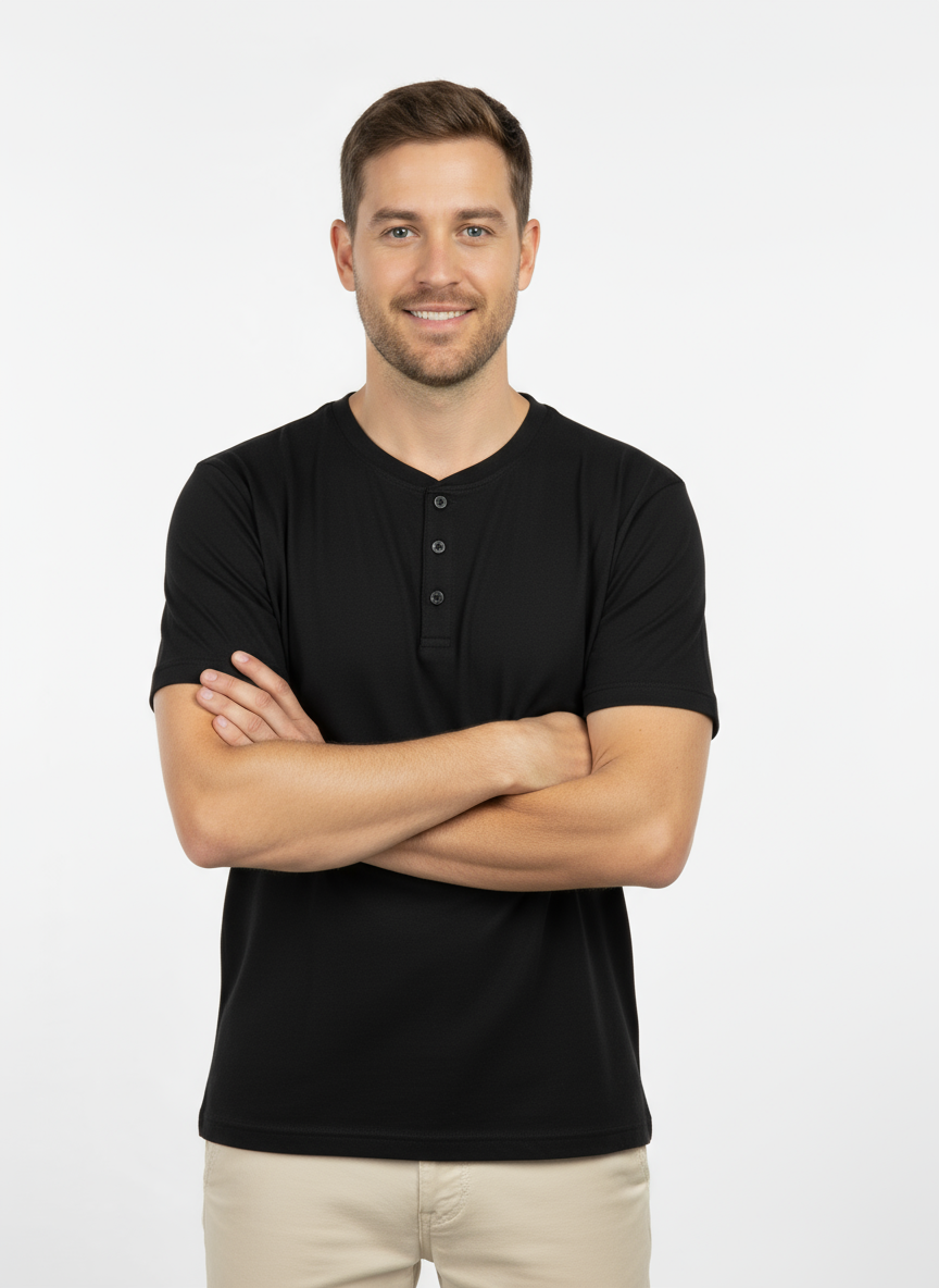 Men’s Black Henley T-Shirt – Casual Summer Wear | Soft Cotton Button Neck Tee