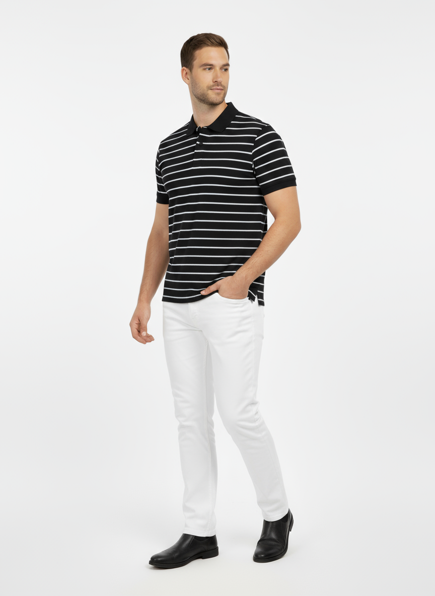 Men’s Black & White Striped Polo Shirt – Soft Cotton Summer Wear | Classic Casual Style