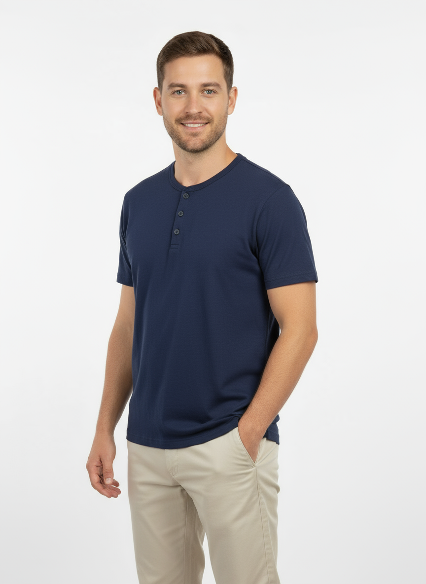 Men’s Navy Blue Henley T-Shirt – Casual Summer Wear | Soft Cotton Button Neck Tee