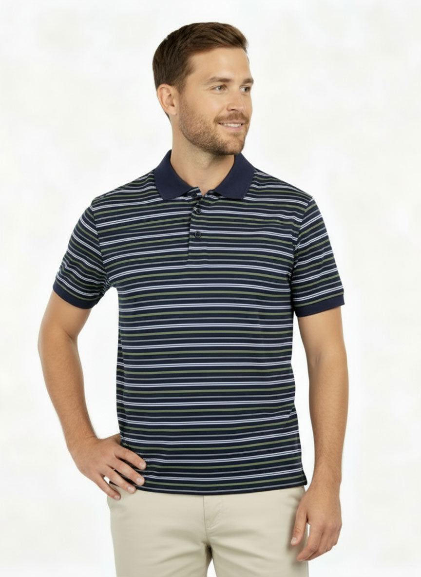 Men’s Navy Blue Striped Polo Shirt – Soft Cotton Blend | Stylish Summer Casual Wear
